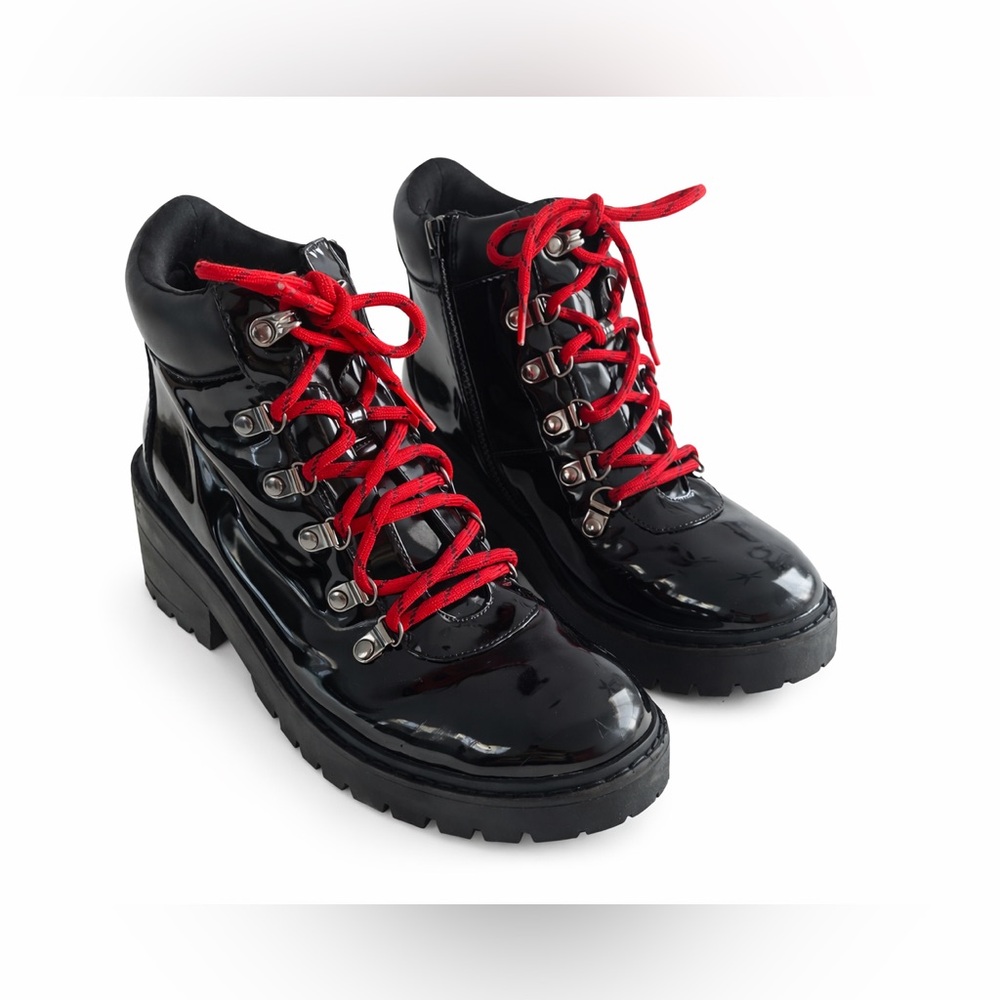 Skechers Patent Combat Boots Lug Sole Red Laces Side Zip Size 8.5